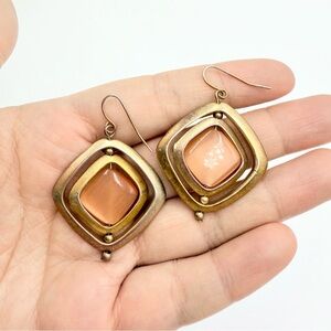 Gold Tone Orange Glass Stone Geometric Earrings
